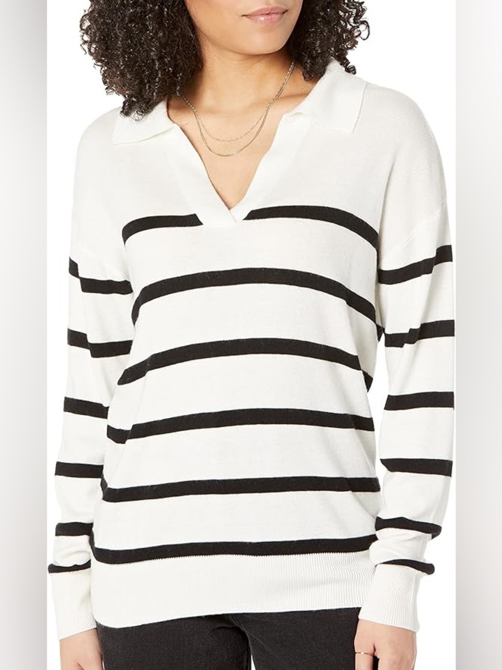 V-Neck Collared Striped Sweater - White/Black